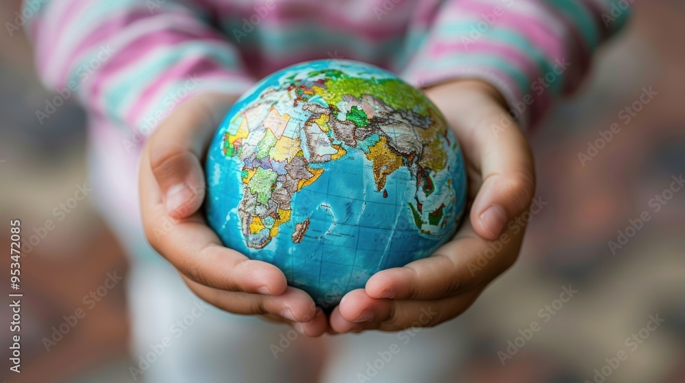 Children's hands gently hold a globe, showing the continents and oceans, symbolizing collective care for the Earth and a hopeful vision for the global future. Children's hands gently hold a globe, showing the continents and oceans, symbolizing collective care for the Earth and a hopeful vision for the global future.