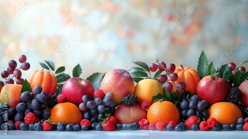 A delicious selection of fruits including oranges, grapes, raspberries, blackberries and mint leaves laid out on a clean white surface with ample space for customizable promotional content.