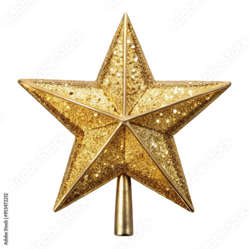 Gold star Christmas tree topper, featuring a shimmering design perfect for enhancing holiday decorations with a luxurious touch. Isolated on transparent background, png.