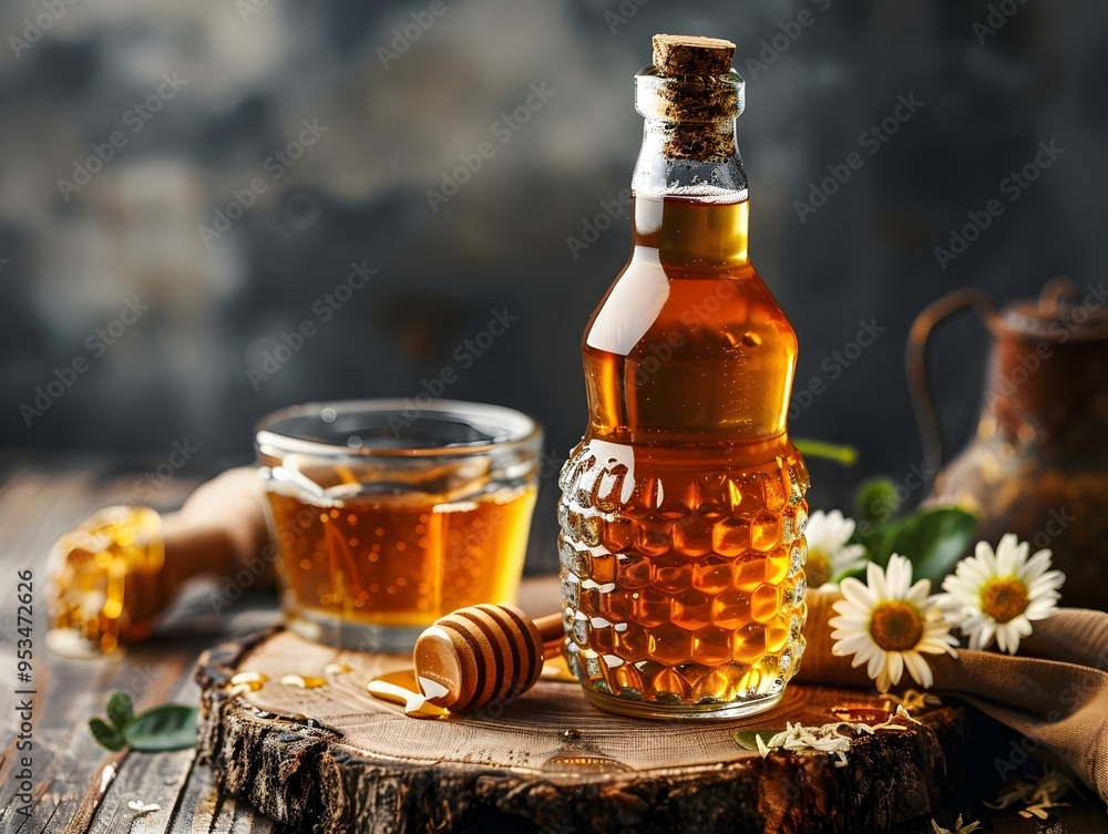 Bottle of Traditional Honey Mead Beverage on Rustic Wooden Table with Copy Space Bottle of Traditional Honey Mead Beverage on Rustic Wooden Table with Copy Space