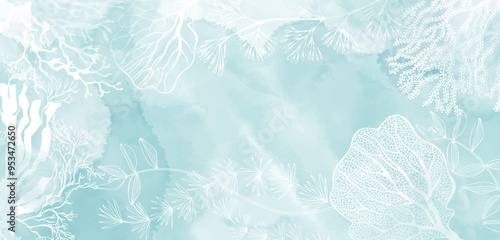 Luxury invitation card background on a marine theme with seaweed on a blue watercolor background. Abstract art background, cover template. Vector design with space for text.