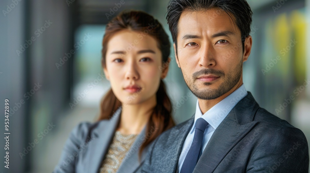 A handsome Korean man dressed in a business suit and a woman in a business suit stand next to each other in a studio, exuding a positive and successful professional atmosphere. A handsome Korean man dressed in a business suit and a woman in a business suit stand next to each other in a studio, exuding a positive and successful professional atmosphere.