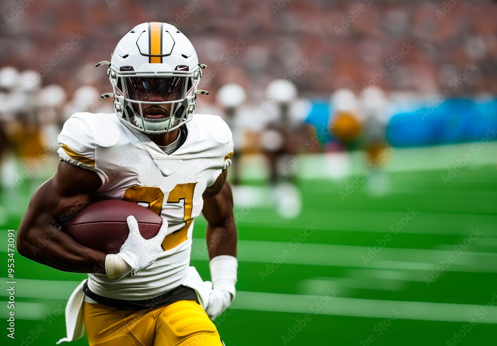 American football player in helmet with glass and gold and white uniform runs with ball in right hand American football player in helmet with glass and gold and white uniform runs with ball in right hand