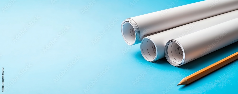 Fototapeta premium Three rolled-up blueprints and a pencil on a light blue background symbolize planning and design in architecture or engineering.