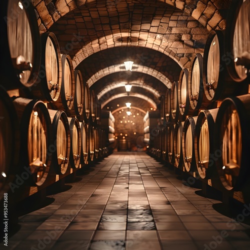 Dimly Lit Atmospheric Wine Cellar Filled with Aging Oak Barrels Creating a Sense of History and Tradition