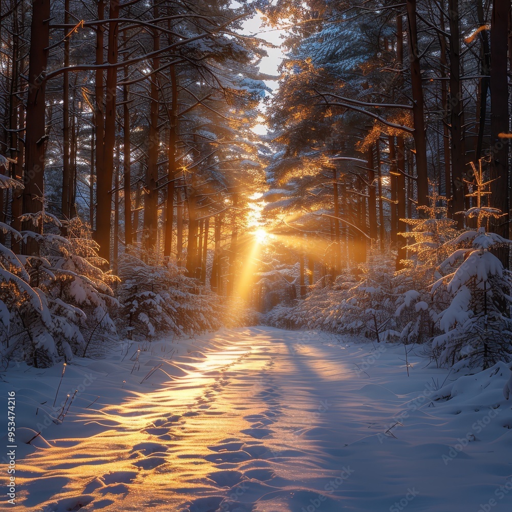 A serene winter forest path illuminated by golden sunlight, creating a peaceful winter wonderland. A serene winter forest path illuminated by golden sunlight, creating a peaceful winter wonderland.