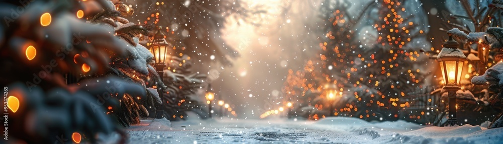 A serene winter landscape adorned with twinkling lights, snow-covered paths, and charming lanterns, evoking holiday magic and warmth. A serene winter landscape adorned with twinkling lights, snow-covered paths, and charming lanterns, evoking holiday magic and warmth.
