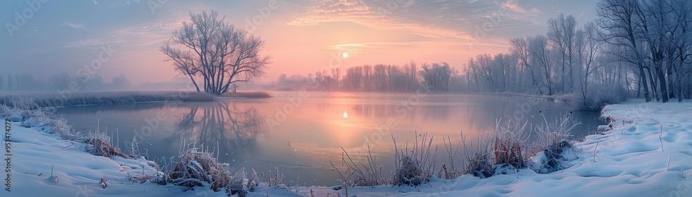 Obraz premium A serene winter landscape at dawn, featuring a tranquil pond reflecting the soft morning light through a misty atmosphere.