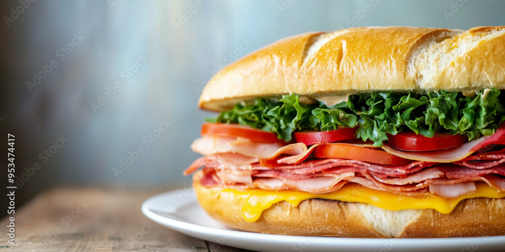 Sub sandwich on a plate, filled with layers of meat, cheese, and vegetables Sub sandwich on a plate, filled with layers of meat, cheese, and vegetables