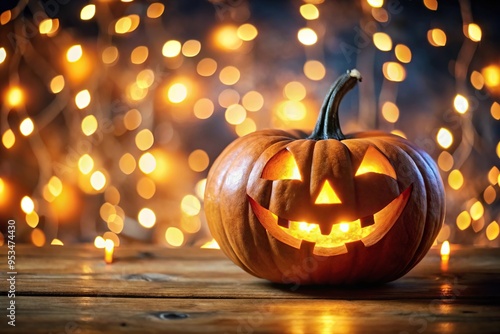 Spooky glowing Jack O Lantern at eye level with festive bokeh lights, perfect for Halloween. photo