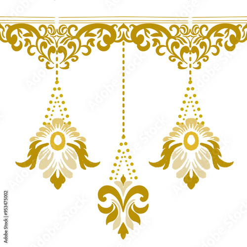 Three gold chandeliers on a white background