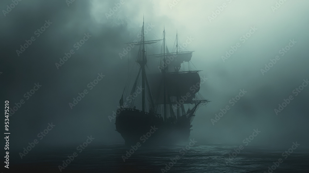 A spectral ship emerges from the mist on a dark, ominous sea, with ghostly figures barely visible on the deck, evoking a chilling and mysterious atmosphere. A spectral ship emerges from the mist on a dark, ominous sea, with ghostly figures barely visible on the deck, evoking a chilling and mysterious atmosphere.