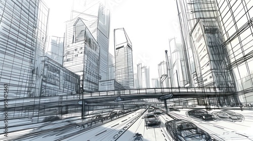 A hand drawn cityscape with cars on a highway and tall buildings surrounding the area.