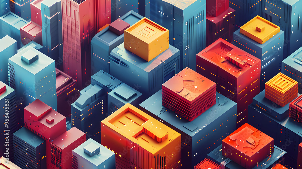 A striking composition where flat, 2D geometric shapes are layered over a realistic 3D cityscape A striking composition where flat, 2D geometric shapes are layered over a realistic 3D cityscape