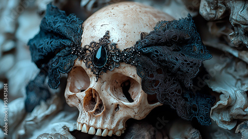 Gothic Skull with Black Roses and Ornate Jewelry - Dark Artistic Expression