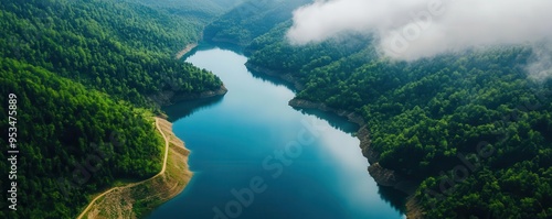 Aerial view of a serene river winding through dense, lush green forests beneath a foggy sky, creating a picturesque natural landscape.