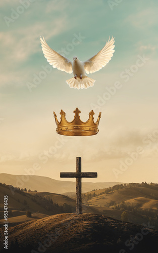 Conceptual depiction of the Holy Trinity: a white dove symbolizing the Holy Spirit, a crown representing God the Father, and a cross for Jesus Christ. Uplifting, symbolic art of Father, Son, Holy Spir photo