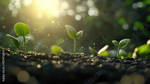 Adorable germinating plant seeds, with a naturistic backdrop and abstract fractal elements, 3D rendering, symbolizing growth and renewal photo