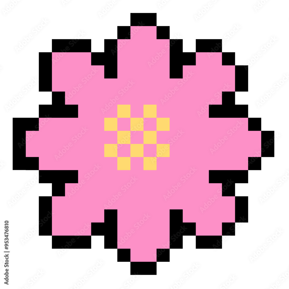 Pixel art of a pink flower with black outlines and a yellow center, showcasing a retro, 8-bit style. Simple yet vibrant design, perfect for digital art, gaming, and creative projects. Pixel art of a pink flower with black outlines and a yellow center, showcasing a retro, 8-bit style. Simple yet vibrant design, perfect for digital art, gaming, and creative projects.