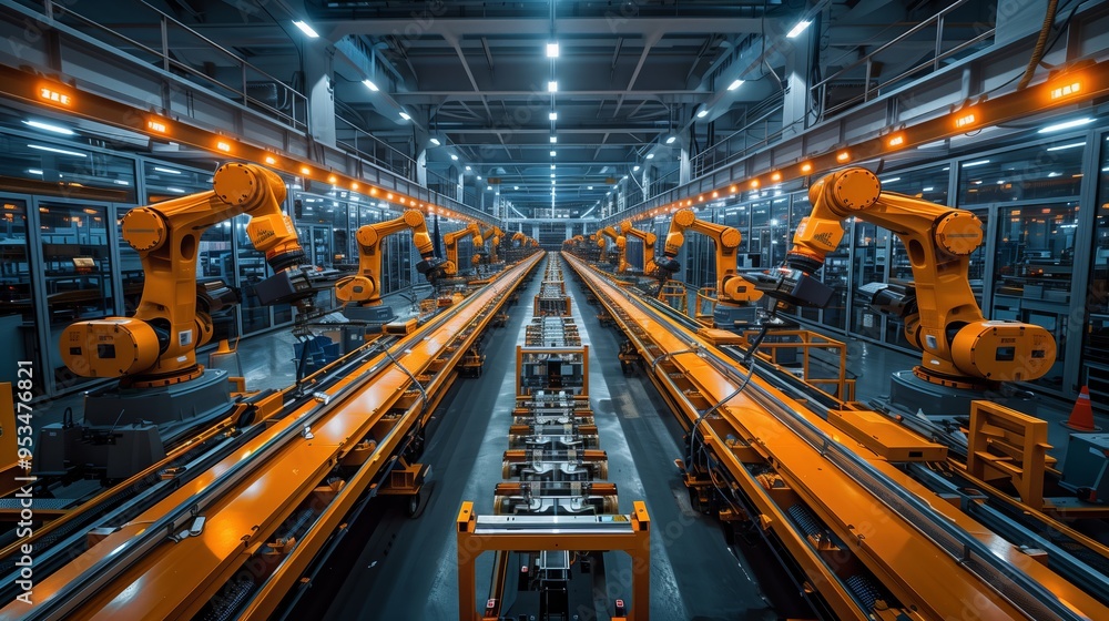 Modern factory floor equipped with robotic arms seamlessly assembling products in an automated manufacturing line. Modern factory floor equipped with robotic arms seamlessly assembling products in an automated manufacturing line.