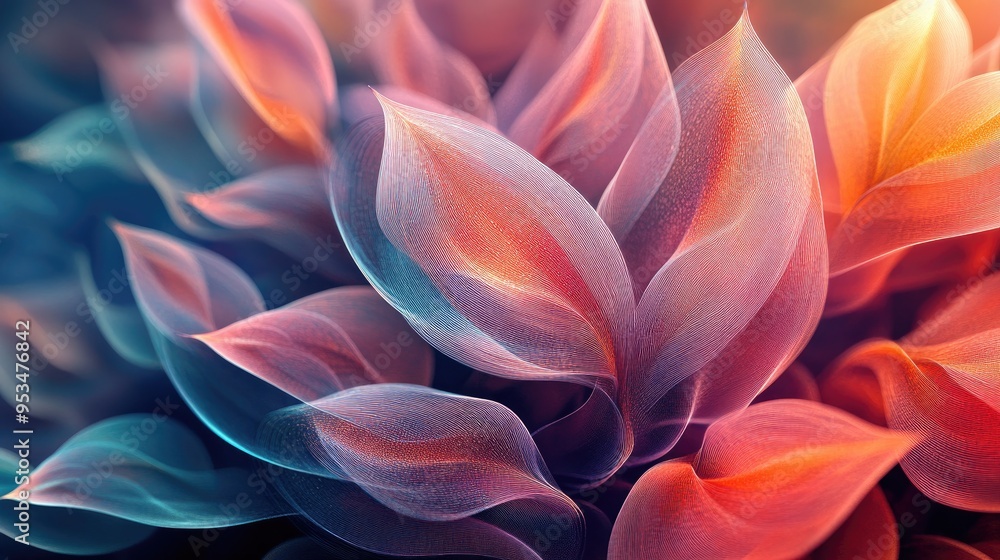 Beautiful abstract wavy leaves, rising on a futuristic fractal background, rhythmically arranged in a 3D rendering, creating a stunning effect Beautiful abstract wavy leaves, rising on a futuristic fractal background, rhythmically arranged in a 3D rendering, creating a stunning effect