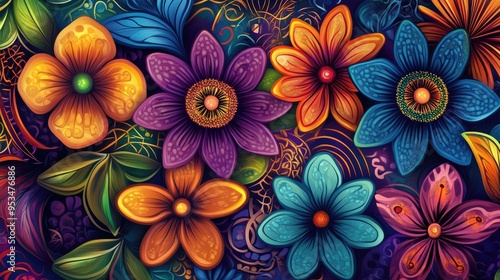 Beautiful and colorful flowers in a vector abstract background, with intricate patterns and vibrant colors, creating a lively design