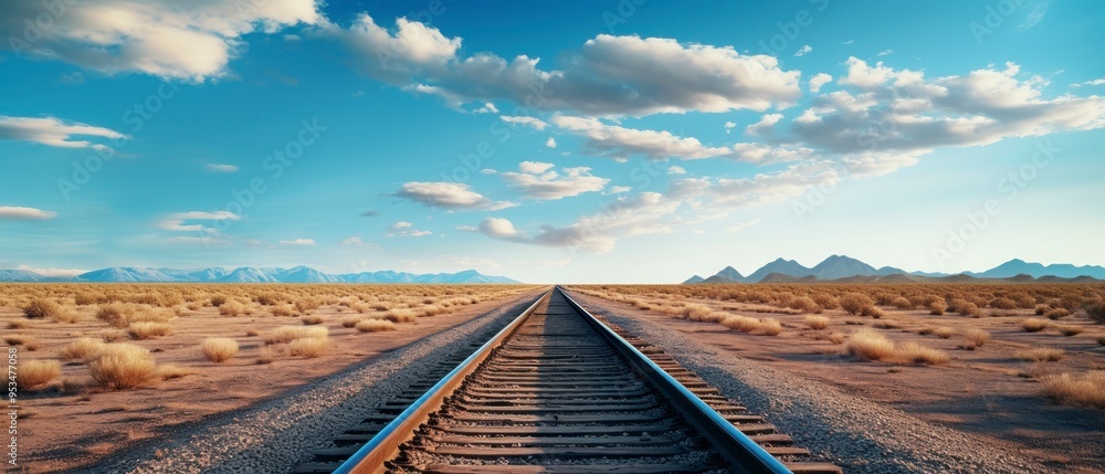 Obraz premium Railway in the desert with blue sky and white clouds background.