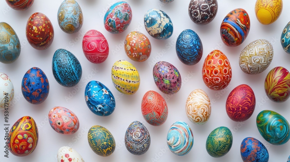 Beautiful Easter eggs with hand-painted designs, arranged in a spiral pattern on a white background, creating a striking and festive image Beautiful Easter eggs with hand-painted designs, arranged in a spiral pattern on a white background, creating a striking and festive image