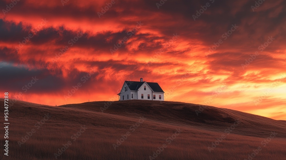 Fototapeta premium A white farmhouse atop a hill under a dramatic sunset sky with vivid orange and red gradient colors