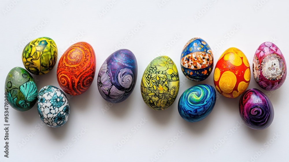 Colorful hand-painted Easter eggs in a arrangement, displayed on a white background, showcasing intricate and artistic designs Colorful hand-painted Easter eggs in a arrangement, displayed on a white background, showcasing intricate and artistic designs