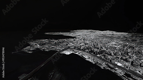 Technical aerial visual, 3D LiDAR GIS aerial map satellite scan model isolated, showing Iloilo City, Philippines. Elevation, topography, render photo