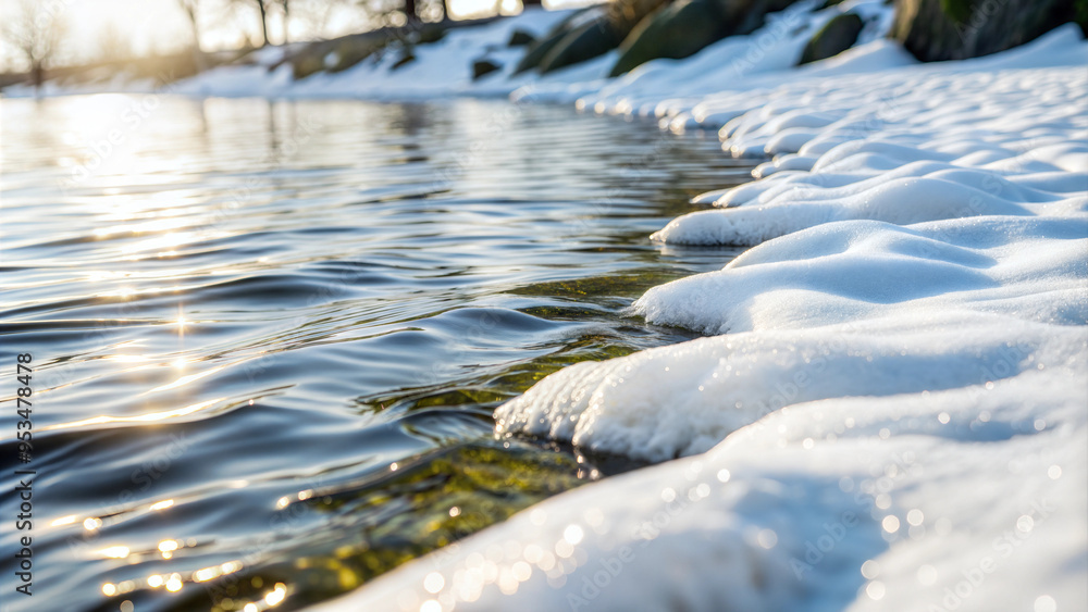 Icy Riverbank with Snow-Covered Edges in Winter Light Icy Riverbank with Snow-Covered Edges in Winter Light