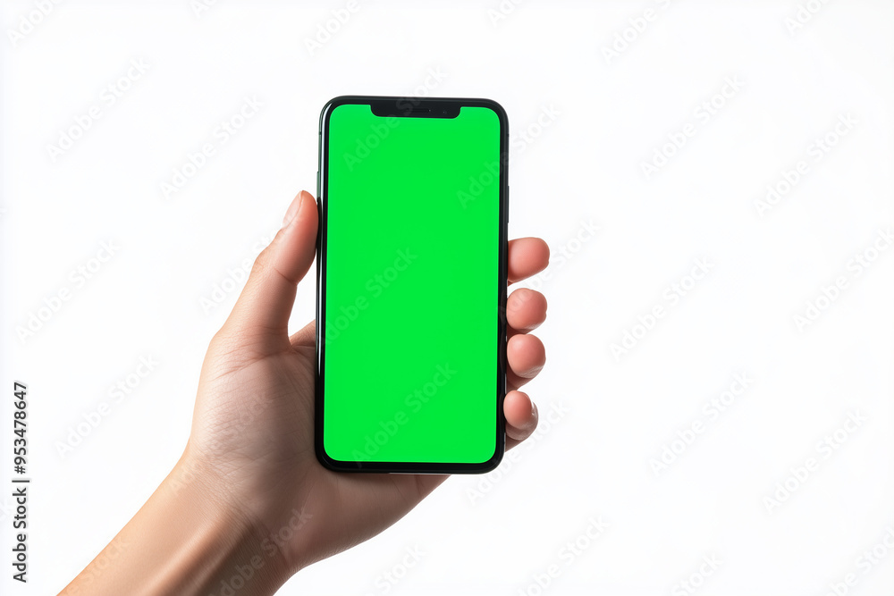緑色の画面スマホを持つ手、グリーンバック素材、モックアップ 緑色の画面スマホを持つ手、グリーンバック素材、モックアップ