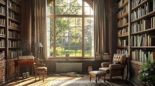 ome library in an early 20th century English mansion with a large window, sunny day, meadows, summer 