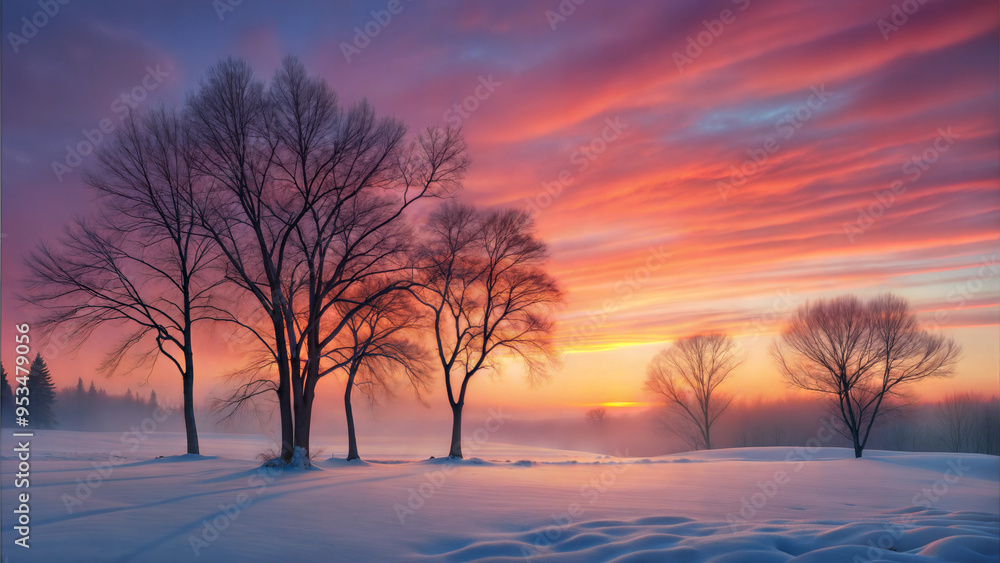 Silhouette of Bare Trees at Winter Sunrise with Vibrant Sky Silhouette of Bare Trees at Winter Sunrise with Vibrant Sky