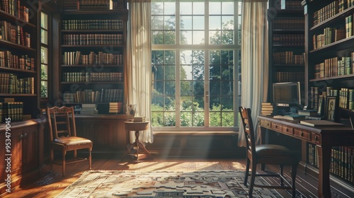 ome library in an early 20th century English mansion with a large window, sunny day, meadows, summer 