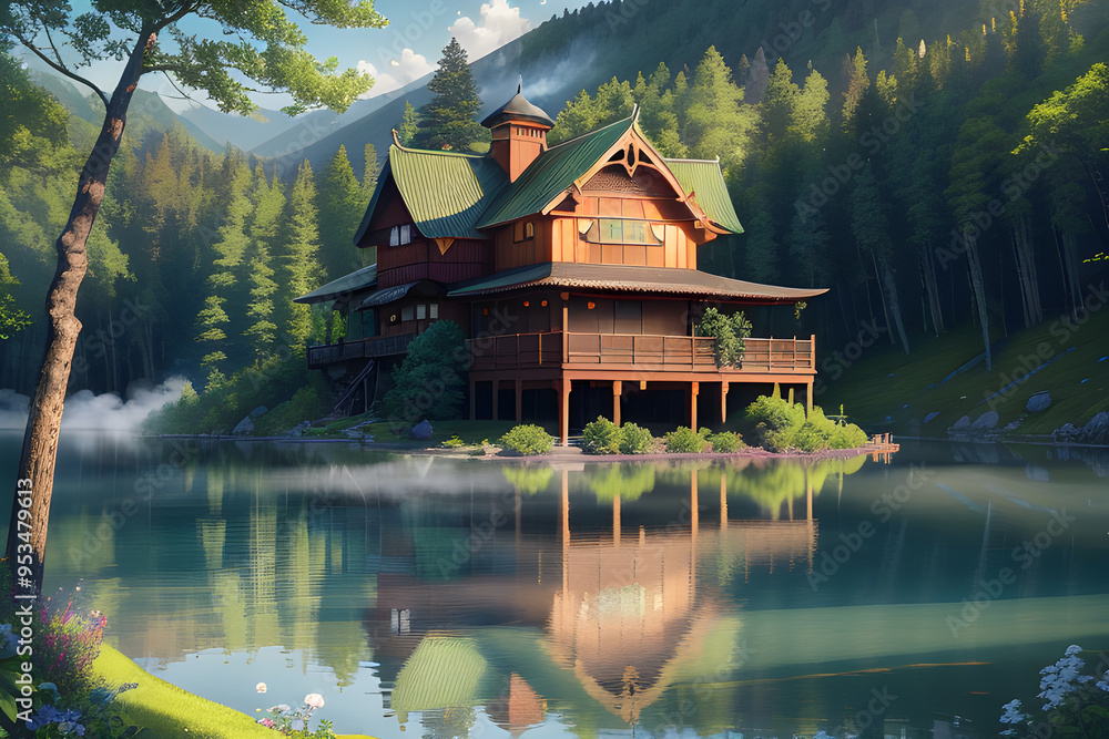 Lakeside Cabin in a Misty Forest with Reflections on Water
Lakeside Cabin in a Misty Forest with Reflections on Water