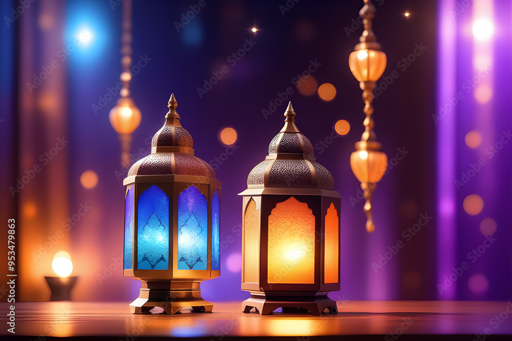 Ornate lanterns glowing in blue and orange amidst hanging lights Ornate lanterns glowing in blue and orange amidst hanging lights