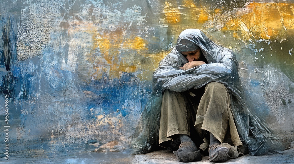 Transparent abstract depiction of homeless life, with a dynamic naturistic background that contrasts despair with a glimmer of hope Transparent abstract depiction of homeless life, with a dynamic naturistic background that contrasts despair with a glimmer of hope