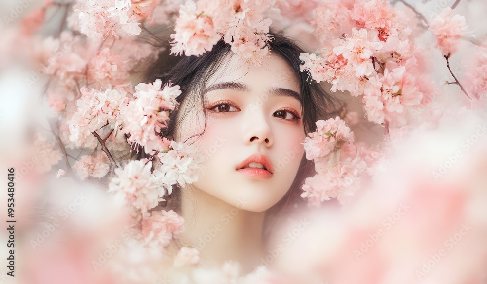 A serene woman is surrounded by blooming flowers, symbolizing tranquility and nature beauty. The image reflects themes of human connection to the environment, rebirth, and personal growth. A serene woman is surrounded by blooming flowers, symbolizing tranquility and nature beauty. The image reflects themes of human connection to the environment, rebirth, and personal growth.