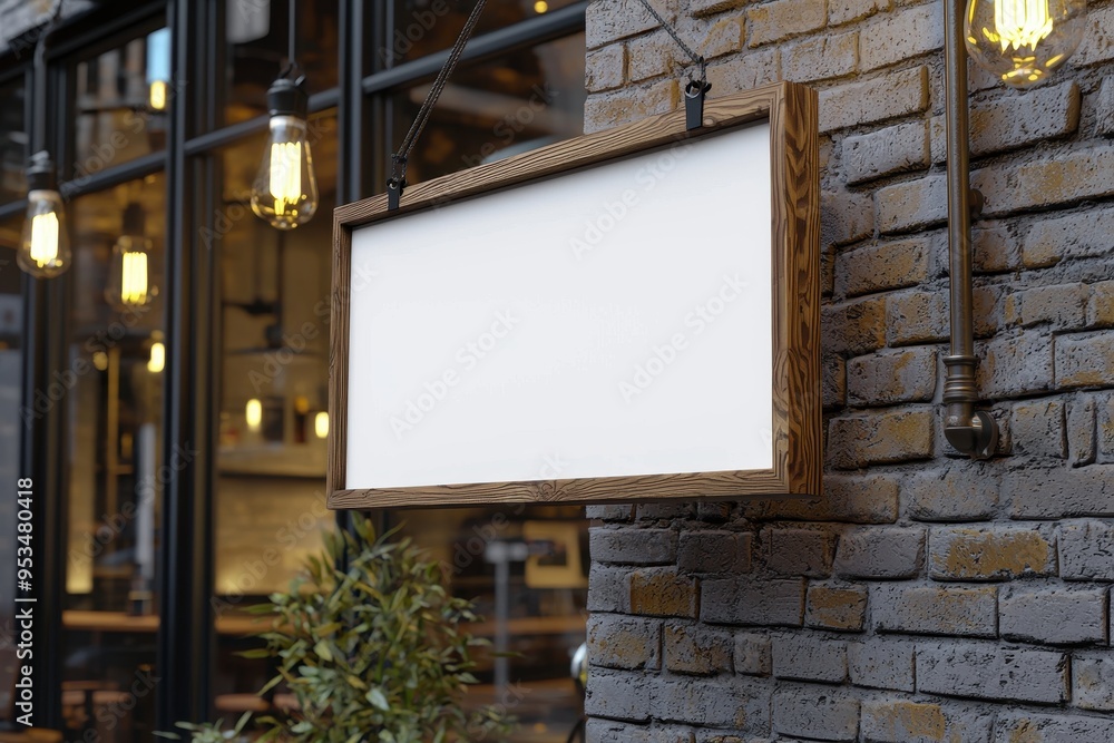 Blank Wooden Horizontal Signboard Mockup on Rustic Street Café Background, Ideal for Branding, Advertising, and Restaurant Signage Concepts Blank Wooden Horizontal Signboard Mockup on Rustic Street Café Background, Ideal for Branding, Advertising, and Restaurant Signage Concepts