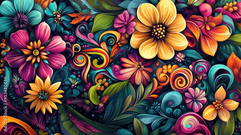 Fototapeta premium Vector abstract background featuring beautiful and colorful flowers, with intricate designs and vibrant hues, creating a lively and artistic scene