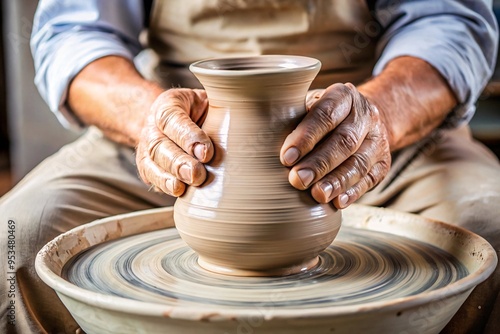 Skilled Hands Shaping Clay on a Pottery Wheel. A close-up shot of a craftsman's weathered hands carefully working a piece of clay on a spinning pottery wheel.