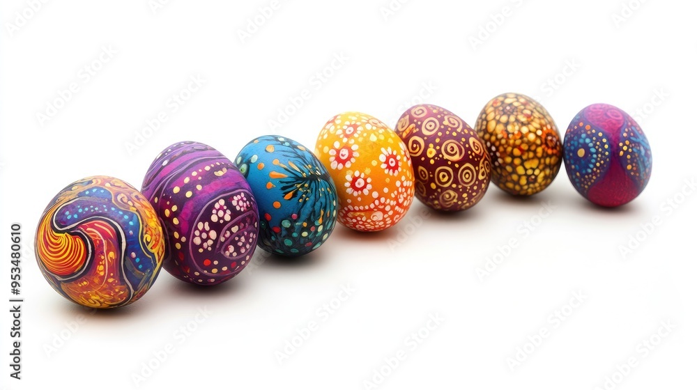 Vibrant hand-painted Easter eggs in a spiral formation, set against a white background, showcasing detailed and artistic designs Vibrant hand-painted Easter eggs in a spiral formation, set against a white background, showcasing detailed and artistic designs