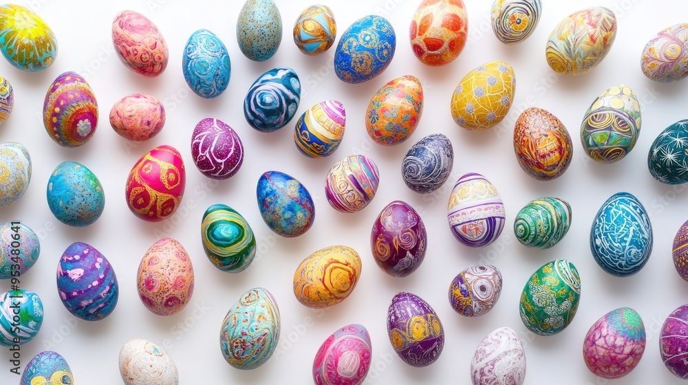 Vibrant hand-painted Easter eggs in a spiral formation, set against a white background, showcasing detailed and artistic designs Vibrant hand-painted Easter eggs in a spiral formation, set against a white background, showcasing detailed and artistic designs