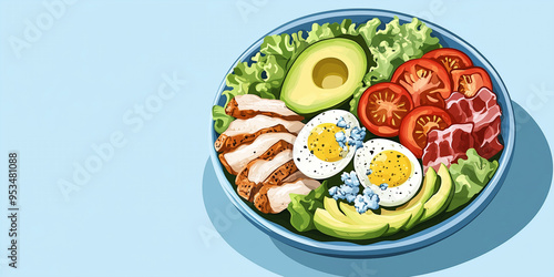 Cobb salad in a round bowl with chicken, bacon, avocado, eggs, tomatoes, and blue cheese crumbles