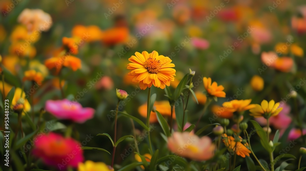 A single yellow flower stands out among a field of orange, pink, and yellow flowers. A single yellow flower stands out among a field of orange, pink, and yellow flowers.