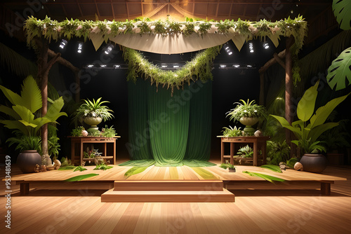 Elegant Indoor Stage Decorated with Greenery and Tropical Plants
 photo