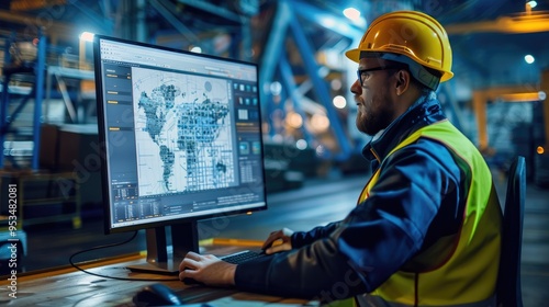 A logistics manager tracks a fleet of trucks using a computer, monitoring routes and shipments in a dimly lit office...