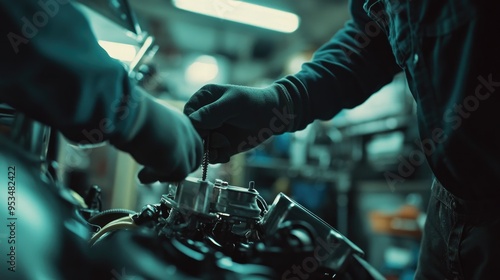 A mechanic carefully repairs a car engine in a dimly lit garage, showcasing the precision and skill of automotive work...